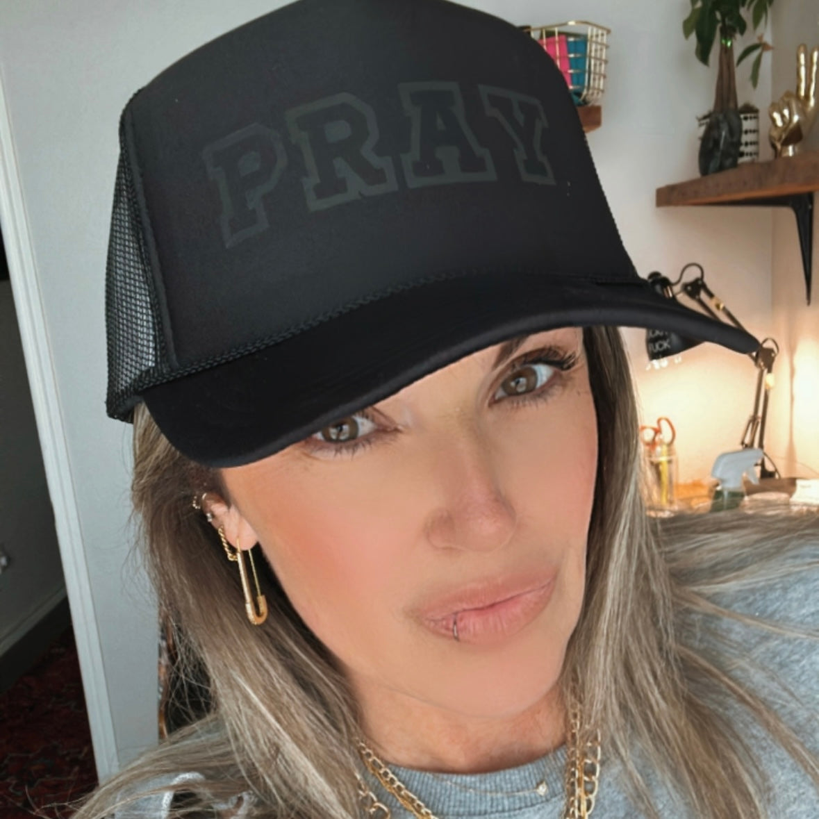 Pray Black on Black Trucker Hat